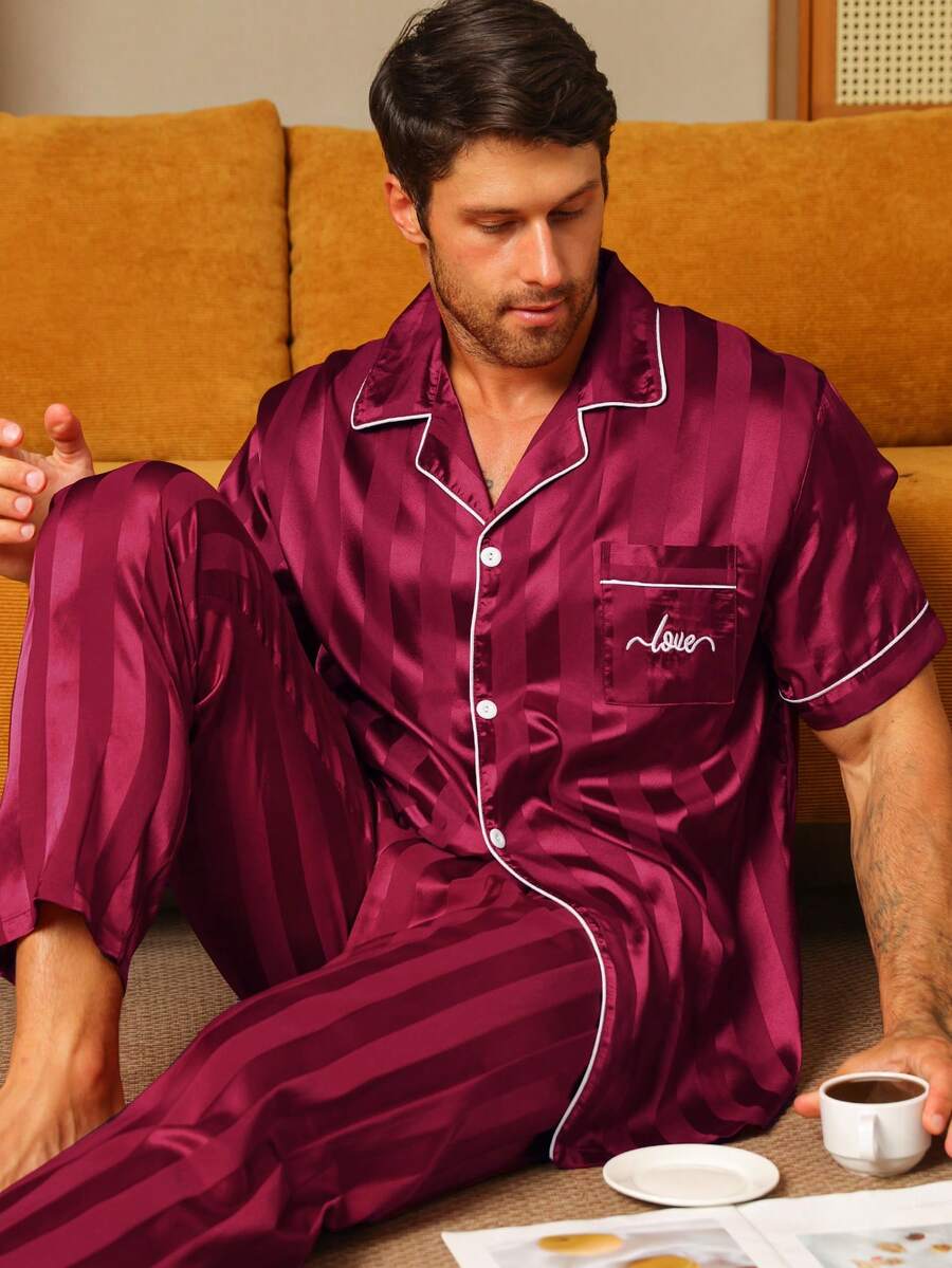 Two Pieces Sets For Spring And Summer Men's Sleepwear Fashion Striped Jacquard Fabric Short Sleeved Pants Casual Home Wear Letter Embroidered Pajamas Set - Burgundy - View 1