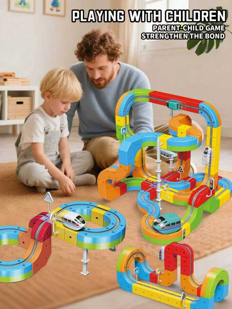 32/48/88pcs Flexible Racing Track Set With Electric Train And Traffic Signs, DIY Children Track Set Toy, Suitable For 3-8 Years Old Boys And Girls, Birthday Party Gift - toa xe lửa - Xem 1