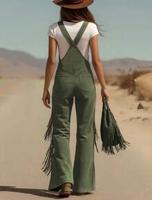 Women's Fashion Elegant Wide Leg Pants Comfortable Tassel Button Back Pants Daily Casual Fall Winter - 綠色 - 查看 2