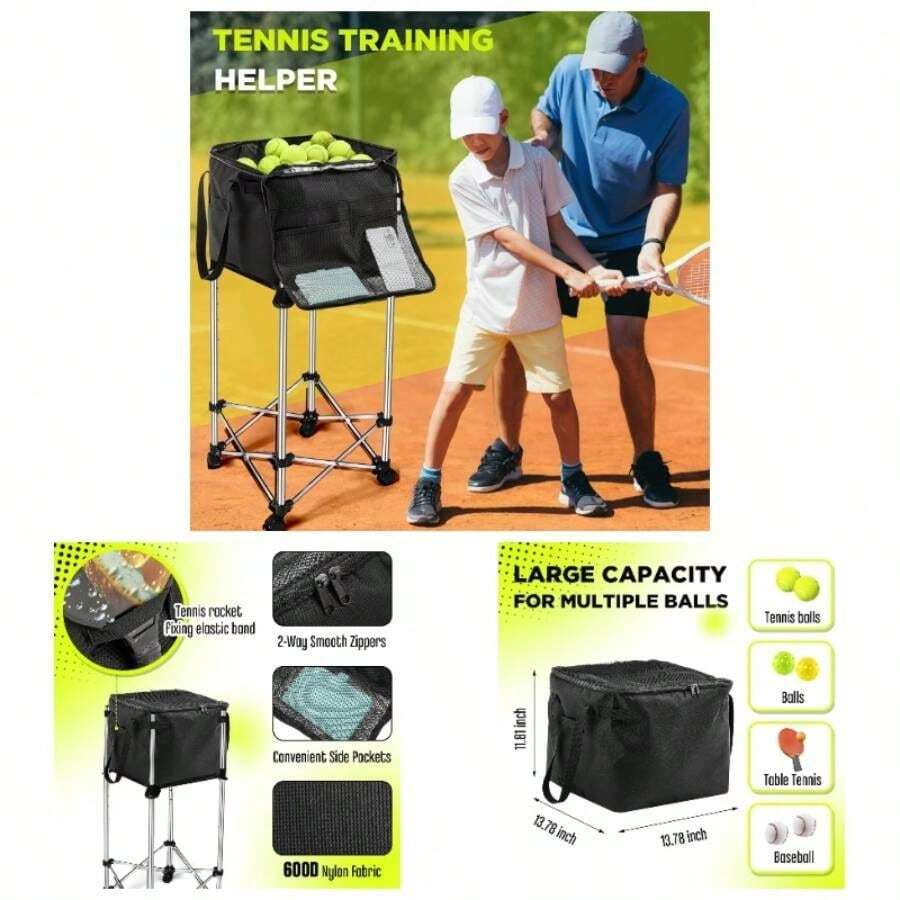 Tennis Balls Hopper Tennis Ball Basket Picker Hopper Container With Side Pockets Lightweight Teaching Cart Bag Picking And Storage Training Ball, Frame Not Included - 黑色 - 查看 1