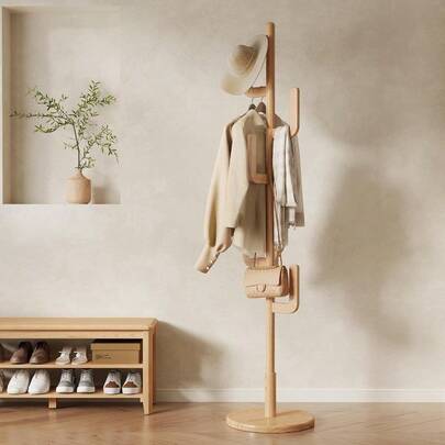 Solid Wood Cactus Coat Rack Freestanding Coat Rack With 6 L-Shaped Hooks And 3 Adjustable Sizes Coat Tree For Bedroom Entryway Livingroom Coat Hanger Stand For Coats Handbags Beige