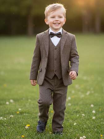 Boys Herringbone Suits 3-Pieces Suit Set Toddler Tuxedos Dresswear Ring Bearer Outfit Wedding Blazer Vest Pants Formal Suits For Kids Suitable For Birthday Parties Evening Events Weddings Baptism And Anniversary Dark Brown Size 3-8Y