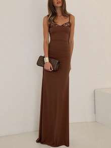 Đầm dài hai dây phối sequin màu trơn dành cho nữ, kiểu dáng gợi cảm, thanh lịch, ôm sát cơ thể, thích hợp mặc đi phố, dự tiệc tối, dạ hội. - Cà phê nâu - Xem 5