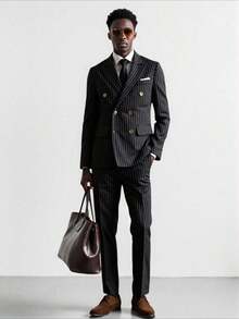 2pcs Men's Suit Set, Vertical Striped Double-Breasted Blazer Jacket And Pants, Suitable For Business, Wedding, Party, Formal Occasions - Black - View 5