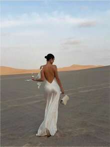 2025 Spring And Autumn Women's Dress Celebrity Pure Desire White Satin Halter Party Dress - trắng - Xem 1