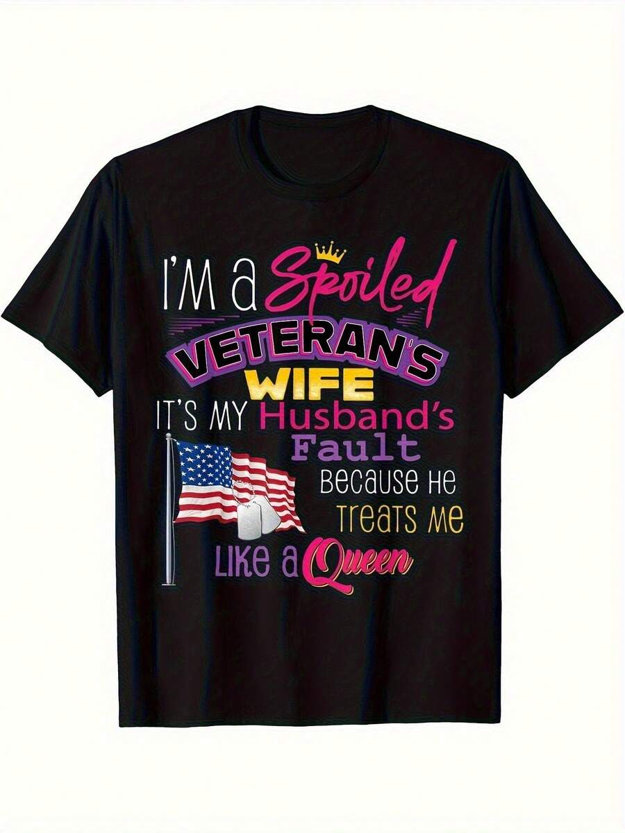 Soy la esposa de un veterano mimada. culpa de mi esposo. camiseta unisex. Camisa de moda para hombres. Top de moda adecuado para uso al aire  casual - 200g - Negro - Ver 1