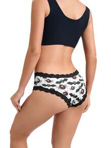 Dircho 6pcs Women's Sexy Cute Gothic Contrast Lace Bikini Panties - Allover Bat/Spider/Skull Print Silky Soft Comfy Intimates Underwear, Stretch Breathable Elastic Waist Lightweight Daily Lingerie Set