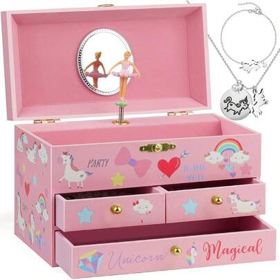 ¡Recomendadoefubaby - Joyero musical para niñas de 19.05 x 12.19 x 11.43 cm con unicornio de bailarina giratoria, 3 cajones extraíbles, juego de joyas de unicornio incluido caja de música para niños para regalo¡Top de Temporada