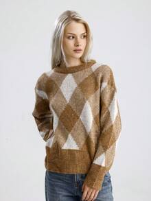 Women's Turtleneck Oversize Sweater - Brown - View 3