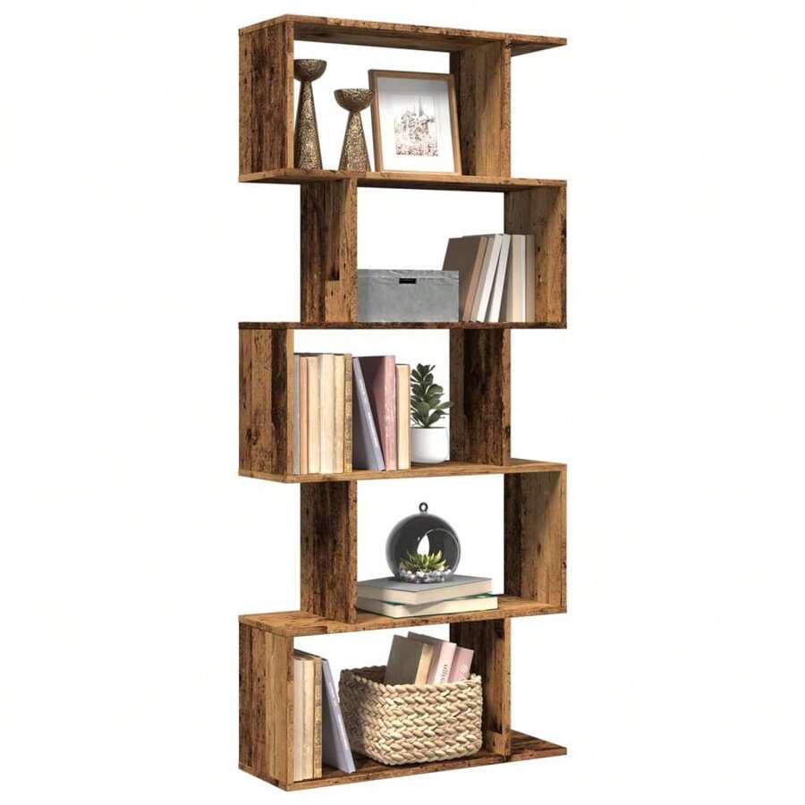 Bibliothèque/séparateur de pièce vidaXL, 5 étagères, aspect bois recyclé, 70 x 24 x 161 cm - Tabac - Voir 1