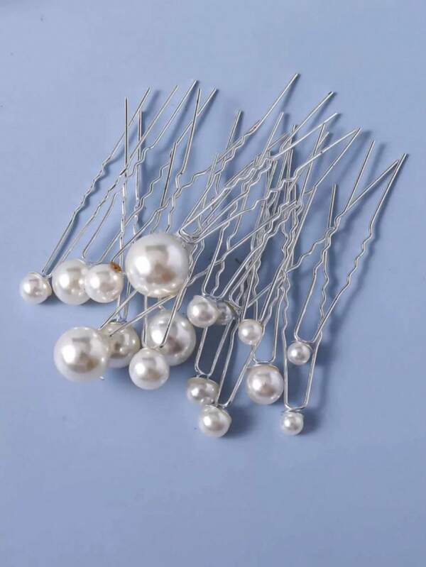 European & American Style Bridal Pearl Decor Hair Clip Headpiece, Messy Bun U-Shaped Hair Accessory Set