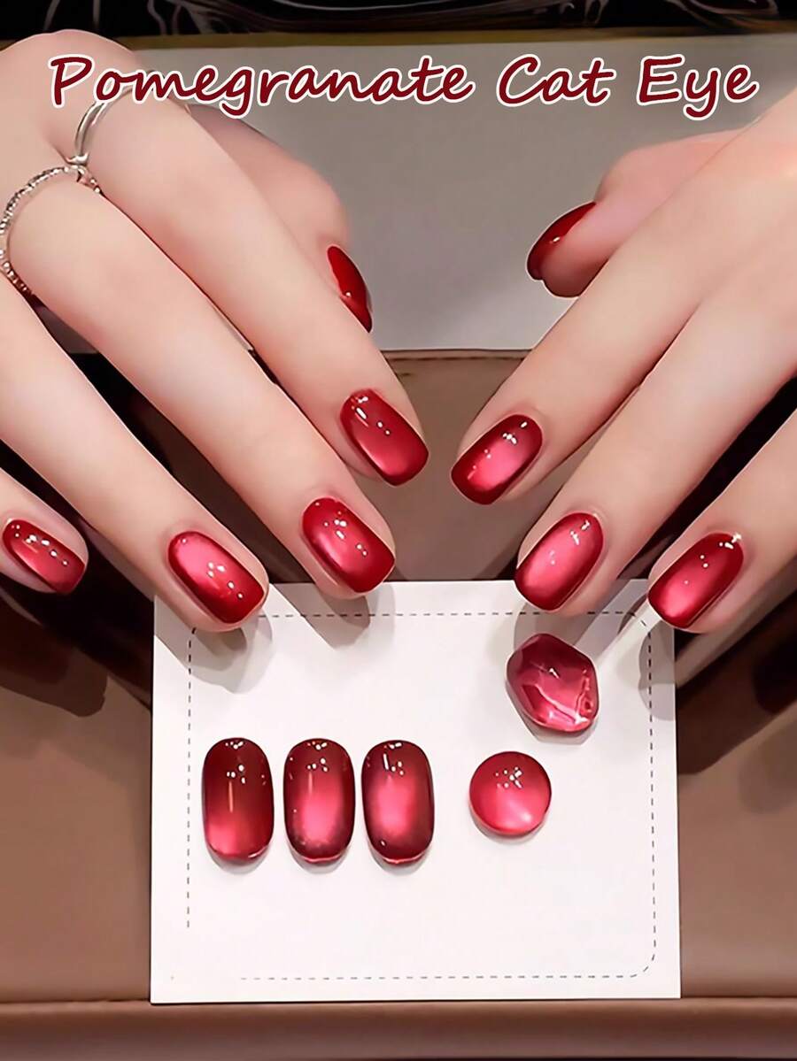 10毫升新款秋冬红石榴猫眼凝胶指甲油，流行气质美白闪亮水晶酒红色玻璃珠美甲美甲沙龙美甲用品圣诞红色美甲