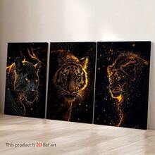 3Pcs Canvas Painting,2D Canvas Painting, Tiger And Leopard Canvas Art Print Golden Flame, High-Definition Wall Decoration, Suitable For Living Room, Bedroom, Office, Wrapped Canvas Painting, Pine Wood Frame, Indoor And Outdoor Use, Modern Classic Style, Indoor Wall Art, Modern Wall Art Wrapped Canvas Painting , Wooden Framed Art,High Quality ,Thickness 2. 25cm/1inch Wall Art Prints Poster Direct Hanging Decor For Home Gifts,Living Room, Bathroom, Bedroom, Kitchen,Bar,Office - 黑色 - 查看 4