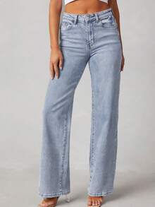 Faded Light Blue High Waist Wide Leg Jeans, Relaxed Fit Cotton Denim Fabric, Versatile All-Match Style For Everyday Wear, Spring & Autumn - Blue - View 1