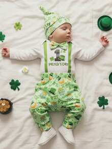 Conjunto de primavera para bebé niño con estampado de trébol y gorro de copa, mono de manga larga, pantalones y gorro de 3 piezas, ropa bonita para festivales de ocio, ideal para 0 a 18 meses - Verde - Ver 3