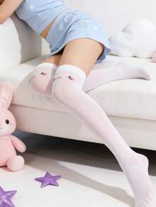 1 đôi tất dài đến đùi bằng nhung in hình dễ thương, tất cao quá đầu gối ngộ nghĩnh và đáng yêu dành cho nữ, phù hợp để mặc hàng ngày. - trắng - Xem 8