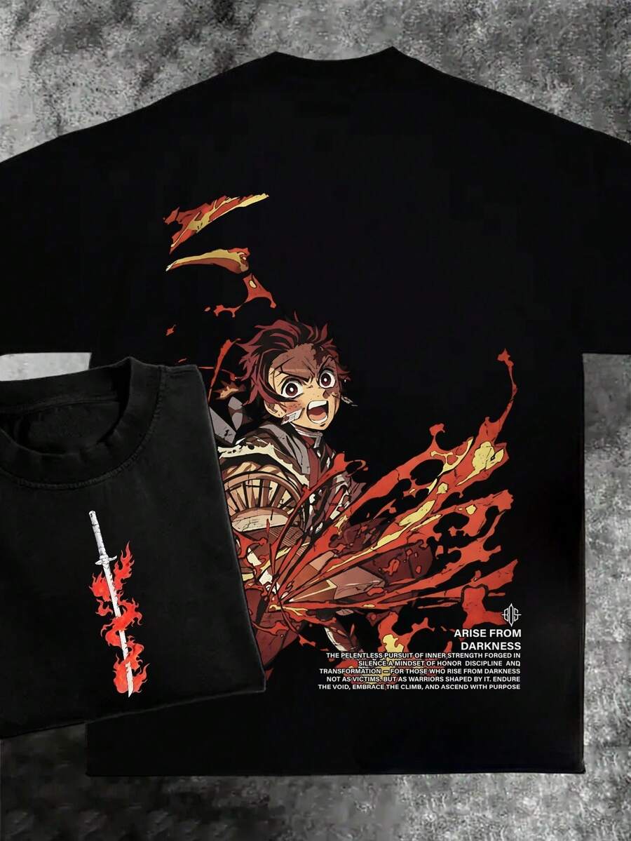 Pure Cotton Mens Anime T Shirt Featuring Dynamic Flame Design For Otaku Fans With Unique Flair And Geek Groove Style Streetwear For Anime Lovers Fashionable Graphic Tee With Bold Artwork Perfect For Casual Wear And Pop Culture Enthusiasts - màu đen - Xem 1