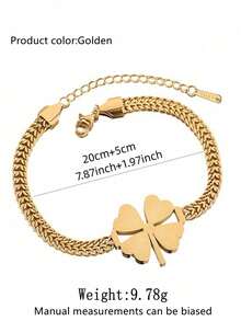 1pc Elegant & Refreshing Stainless Steel Hollow Clover Charm Chain Bracelet, Suitable For Women's Daily Wear Or Party, Great Gift For Festivals - Yellow Gold - View 13