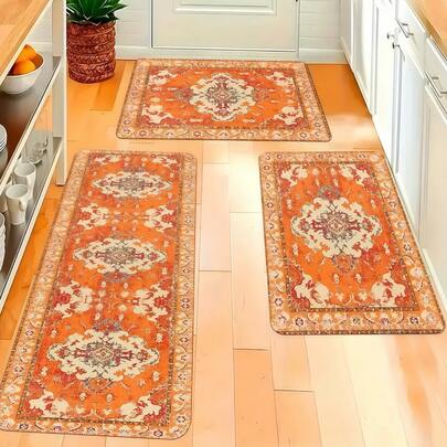 1pc Bohemian Kitchen Rug, Bohemian Non-Slip Mat, Vintage Country Style Autumn Pumpkin Orange Carpet, Doormat, Area Rug, Laundry Room Kitchen Decor Rug