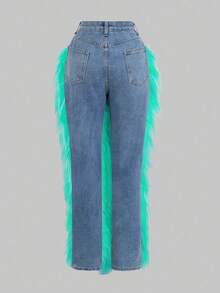 GLOURI Women's Faux Fur Jeans - High Waist Straight Leg Denim With Punk Rock Accents | Glam Night Out Pants For Weekend Parties & Evening Events (Edgy Street Style & Rocker Chic Vibes) - Hồ xanh - Xem 9