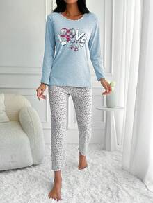 100% Cotton 2Pcs Eye&Heart Printed PJ Set - أزرق فاتح اللون - مشاهدة 3