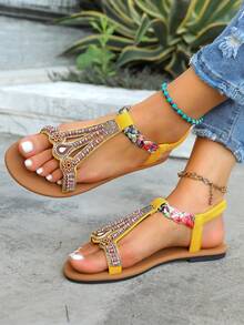 青少年波西米亚风水钻装饰时尚性感夏季新款加大码弹力带舒适女童凉鞋，适合青少年夏季穿着 - 黃色 - 查看 4