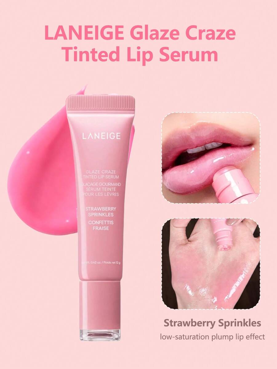 Laneige Glaze Craze 润色唇部精华 12g,甜甜圈硅胶刷头,水润透亮,丰盈滋养,打造裸妆般的低饱和度玻璃唇效果,韩式妆效 - Strawberry Sprinkles - 查看 1
