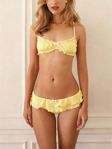 Women Bikini Set Two Piece Triangle Swimsuit Tiered Ruffle Hem Bathing Suit Cute Swimwear - Yellow - View 1