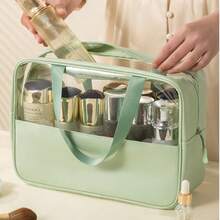 1pc Transparent PVC Makeup Bag, Letter Pattern, Waterproof & Portable, Chenille Letter Zipper Cosmetic Organizer, Minimalist Initial Sticker Travel Toiletry Bag, Ladies Bathroom Wash Bag, Letter Pattern Toiletry Bag, Gift For Mom, Beach Bag, Beach Essentials, Beach Towel Storage Bag, Beach Accessories, Beach Items, Holiday Bag, Gift For Her, Creative Gift For Women - Multicolor - View 4