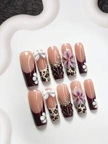10pcs Mature & Elegant Style Press-On Nails, Including Almond Shape, Square, Duck Mouth, Purple Red Gel Nails, Leopard Print, Pinched Flower Nail Decor, White Bow Decor, Comes With Tool Kit (1pc Jelly Nail Sticker + 1pc Nail File), Suitable For Women & Girls, Daily Photo Shoots, Autumn/Winter, Gatherings Nail Supplies Handmade Press On Nails - 彩色 - 查看 10