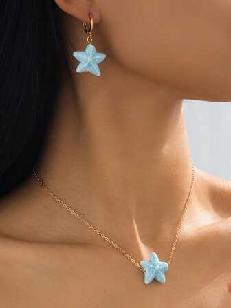 优雅时尚的海洋蓝陶瓷海星吊坠项链耳环套装，女士礼物