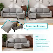 Mjkone Sectional Couches For Living Room, Linen L-Shaped Sofa With Storage Ottoman, 3 Seater Sofa For Office/Apartment - Màu Xám nhạt - Xem 9