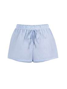 Quần short nữ mùa hè in sọc, buộc dây, kiểu dáng tối giản, phong cách Y2K Sunshine Girl. - Màu xanh nhạt - Xem 3