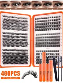 Kit com 485 cílios postiços em tufos curvados em D, ideal para iniciantes. Inclui cola e selante para cílios postiços grossos e volumosos, pinça, aplicadores de rímel, cílios postiços que aumentam o olhar, leves, reutilizáveis e com grande capacidade. Cílios mistos para um efeito 3D suave e natural na maquiagem dos olhos. Ideal para fazer em casa, portátil para viagens e fácil de usar no dia a dia, festas e maquiagem para noivas. - Laranja Queimado - Ver 5