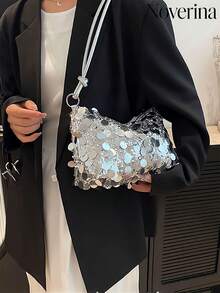 1pc Gold-Tone Glittery Crescent Moon Shape PVC Shoulder Bag For Women,[US-Based Shipping] New Fashion Sequin Handbag & Shoulder Bag, Suitable For Party, Outing, Vacation, Shopping And Daily Use, Can Store Coins, Phones, Also Can Be Used As Work Bag For Office Ladies, College Students And Commuters, Elegant Design For Women,Women's Fall Clothing Winter Clothing Christmas Gift Fall Autumn Velvet Furry Party Fuzzy Plush Thanksgiving Festival Cyber Monday Holiday Knitted Winter Valentine's Day Gift Christmas Women's Crossbody New Year Snow Warm Thermal End-Of-Year ,Tote Bags For Women,Purse,Christmas Gifts,Purses And Bags Women - 銀色 - 查看 3