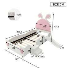 Polsterbett, Einzelbett Mit Kleiner Treppe Und Kinderrutsche, Kopfteil Mit Hasenohren, Kinderbett Mit Holzlatten, PU, White+Rosa, 90x200cm - White - View 2