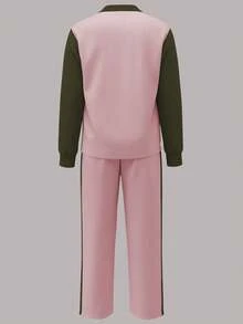 Women's Casual Set, Elegant Sports Suit With Polo Collar Loose Top And Wide Leg Pants, 2 Pieces Set, Suitable For Spring, Autumn And Winter - Pink 2 + Army Green 40 - View 5