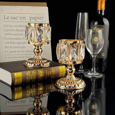 Gold Crystal Candle Holder, Metal Desktop Decor, Tea Light Candle Stand, Elegant Dining Table Decoration, Wedding & Coffee Table Decor, Home Accessory