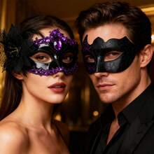 Bộ mặt nạ dạ hội đôi, mặt nạ dự tiệc kiểu Venice thanh lịch cho Giáng sinh, Halloween, lễ hội hóa trang, mặt nạ đen tím lấp lánh lãng mạn dành cho nam và nữ. - Đen và tím - Xem 7