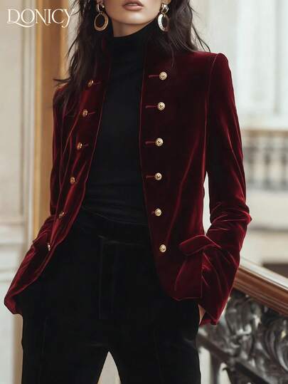 Women's Solid Color Metal Double-Breasted Long Sleeve Fashion Jacket, Metal Double-Breasted Velvet Fabric Craftsmanship, Stand Collar, Slim Fit, Elegant Noble Retro Lady Style, Suitable For Business, Valentine's Day, Carnival Party, Gala, Holiday Gathering, Spring/Summer/Autumn/Winter
