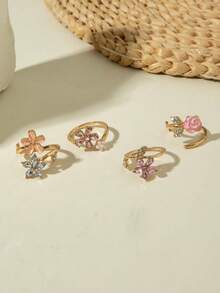 imoli 4pcs Minimalist Fashion Metal Inlaid Pearl & Rhinestone Flower Design Stackable Adjustable Rings Set, Versatile For Daily Wear, Dates, Commute, Perfect Gift - 30701-ring-g-eP - View 5