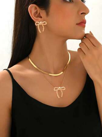 2pcs/Set Double-Layer Bow Tie Minimalist Autumn/Winter Creative Fashion New Daily Gift Bow Tie Set