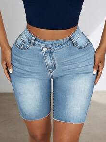 Women's Asymmetric Waist Pocket Casual Bermuda Denim Shorts - Blue - View 14