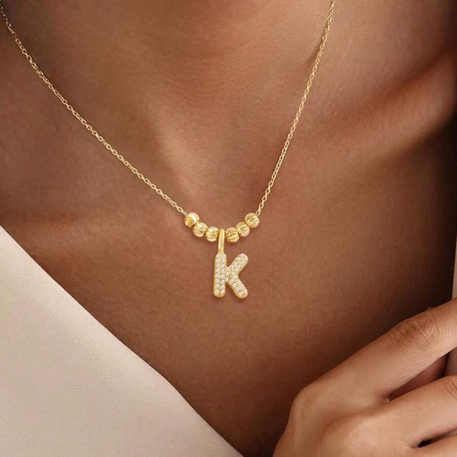 1pc New Classic Bubble Initial Pendant Golden Stainless Steel Chain Necklaces For Women - Yellow Gold - View 1