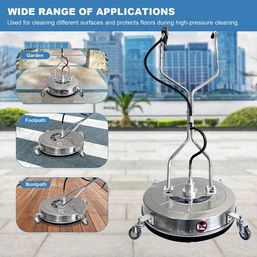 Limpiador de superficies de lavadora a presión de 24 pulgadas con 4 ruedas, limpiador de superficies de doble mango de acero inoxidable 4900 Max PSI, conector de 3/8 pulgadas y adaptador de 1/4 - Plateado - Ver 1