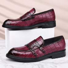 Men's Brown Crocodile Pattern Double Button Loafers, One Foot Business Shoes, Light Luxury Gentlemen's Daily Formal Shoes - 酒紅色 - 查看 2