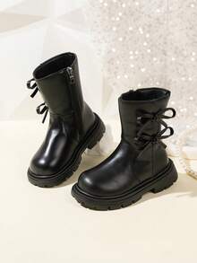 1 Pair Beige & Black Soft Comfortable PU Leather Knee-High Boots For Toddler/Little Girls, With Bow, Zipper, Round Toe, Warm Lining, Classic High Boots, Suitable For 3-15 Years Old Girls For Daily, Vacation, School Wear In Autumn/Winter - Black - View 2