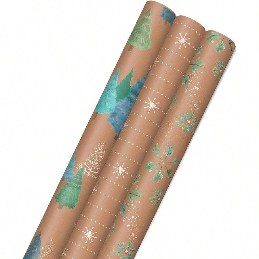 QY- Hallmark - Rollos de papel de regalo de Navidad copos de nieve kraft marrones follaje azul y verde papel de regalo para árboles paquete de 3: 90 sq. pies ttl. Para fiestas de día festivo bodas -2195 - Marrn - Ver 1