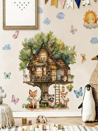 1 pieza Adhesivo de pared con diseño de casa del árbol caprichoso, escena encantadora de animales, casa del árbol de dibujos animados, animalitos, adecuado para guardería, habitación de niños, dormitorio, sala de estar, estudio, sala de juegos, decoración con tema de la selva, sin batería requerida, adhesivo de decoración de habitación | Tema de cuento de hadas | Fácil de instalar, decoración con tema de la selva, - Adhesivo de vinilo autoadhesivo, acabado mate, fácil de pelar y pegar