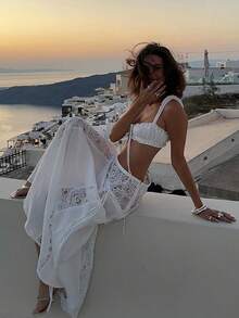 Women's White Lace Two-Piece Set, Ruched Crop Top  High-Waisted Maxi Skirt, Boho Sheer Cover-Up For Beach Vacation, Brunch, Y2K  Fashion - trắng - Xem 2